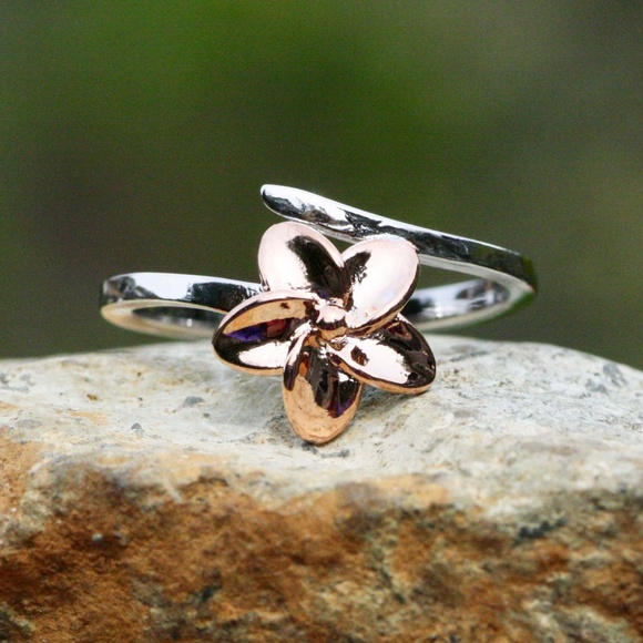 Plumeria Flower Ring in Rose Gold and Silver , Hawaii Ring , Two Tone - Picture 7 of 7
